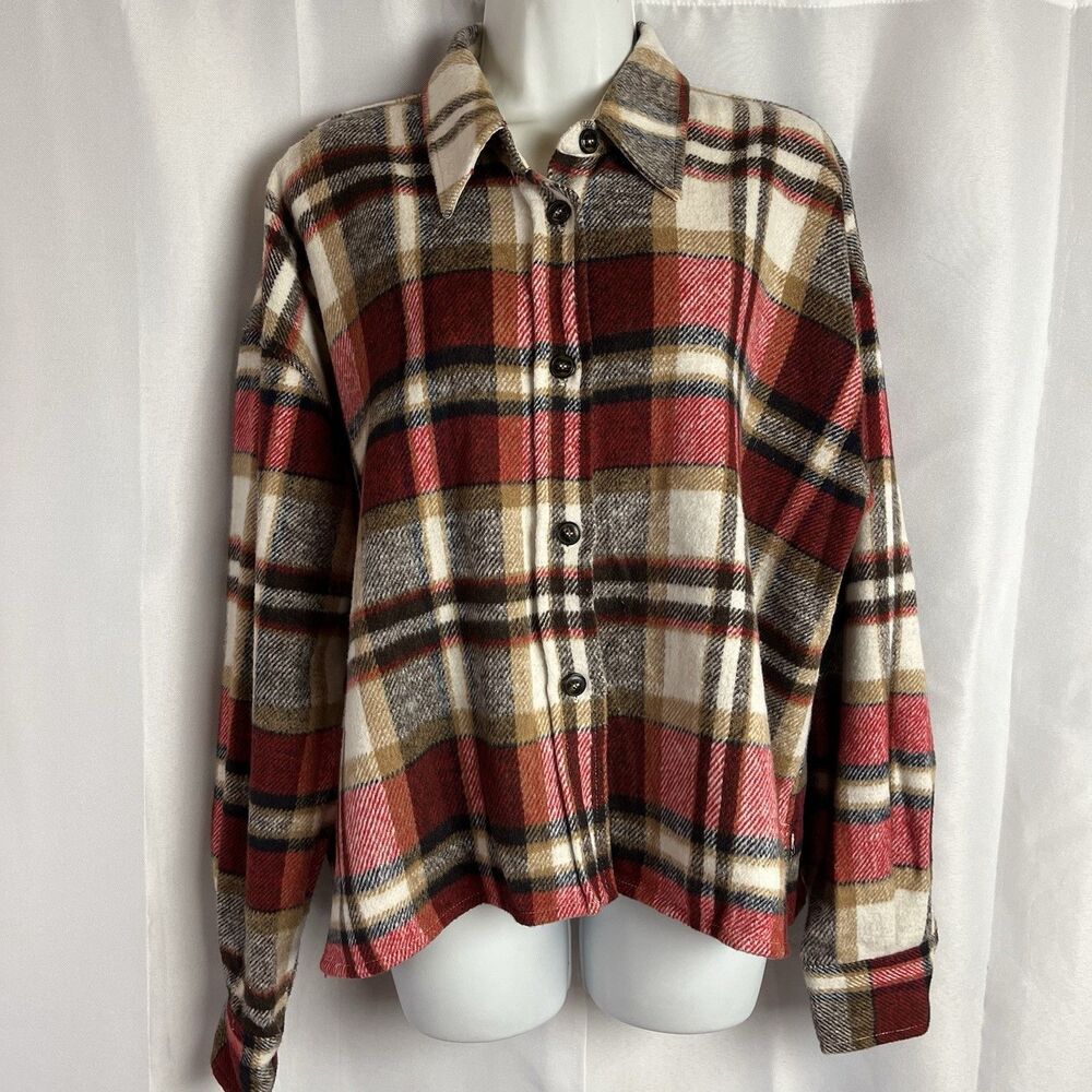 Flawless Red and Brown Plaid Button Down Jacket Women's Size Medium Oversized